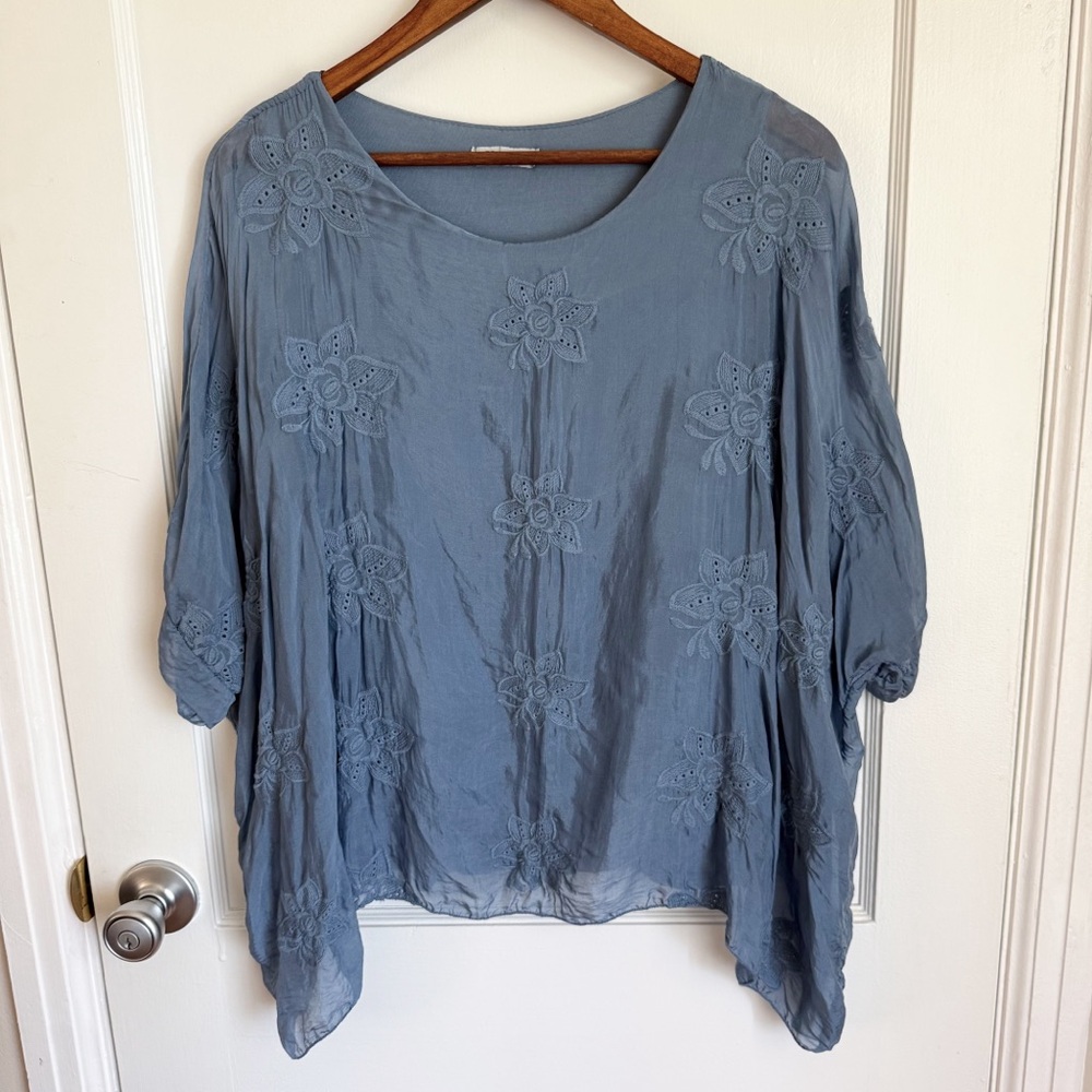 Elena Baldi Silk Blend Dusty Blue Floral Embroidered Blouse